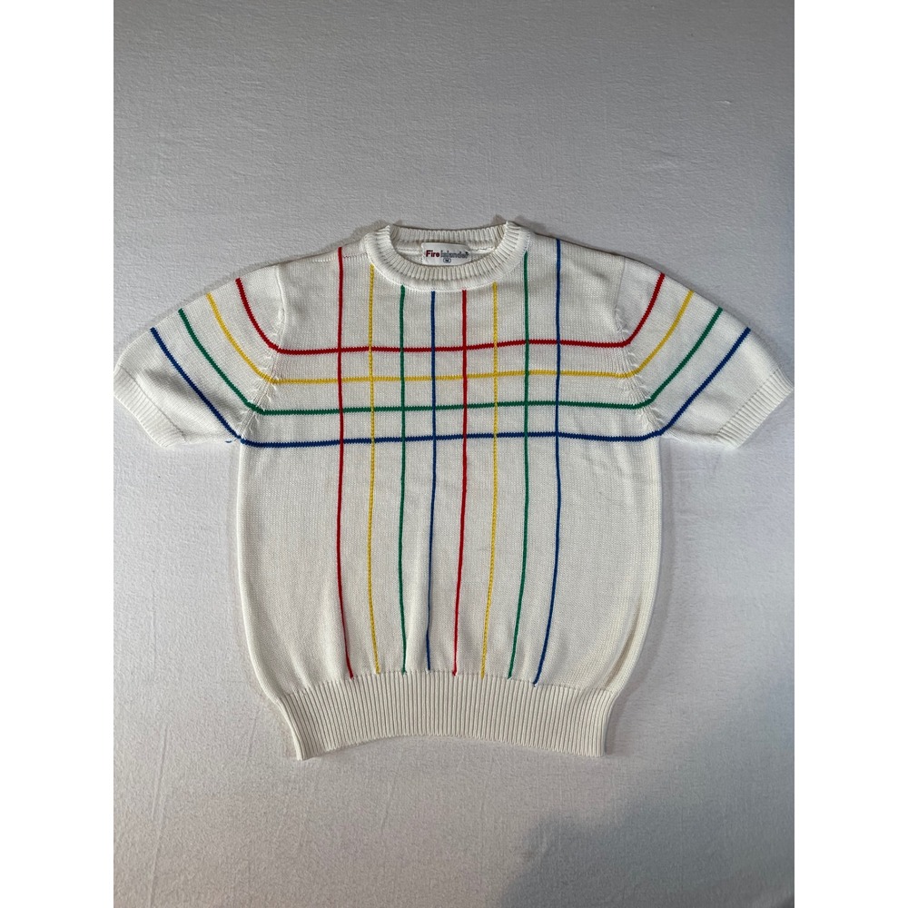 Vintage Fire Islander Womens White Rainbow Grid Short Sleeve Knit Sweater Medium
